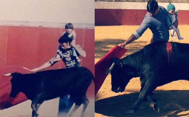 Torero toreando con hija en brazos